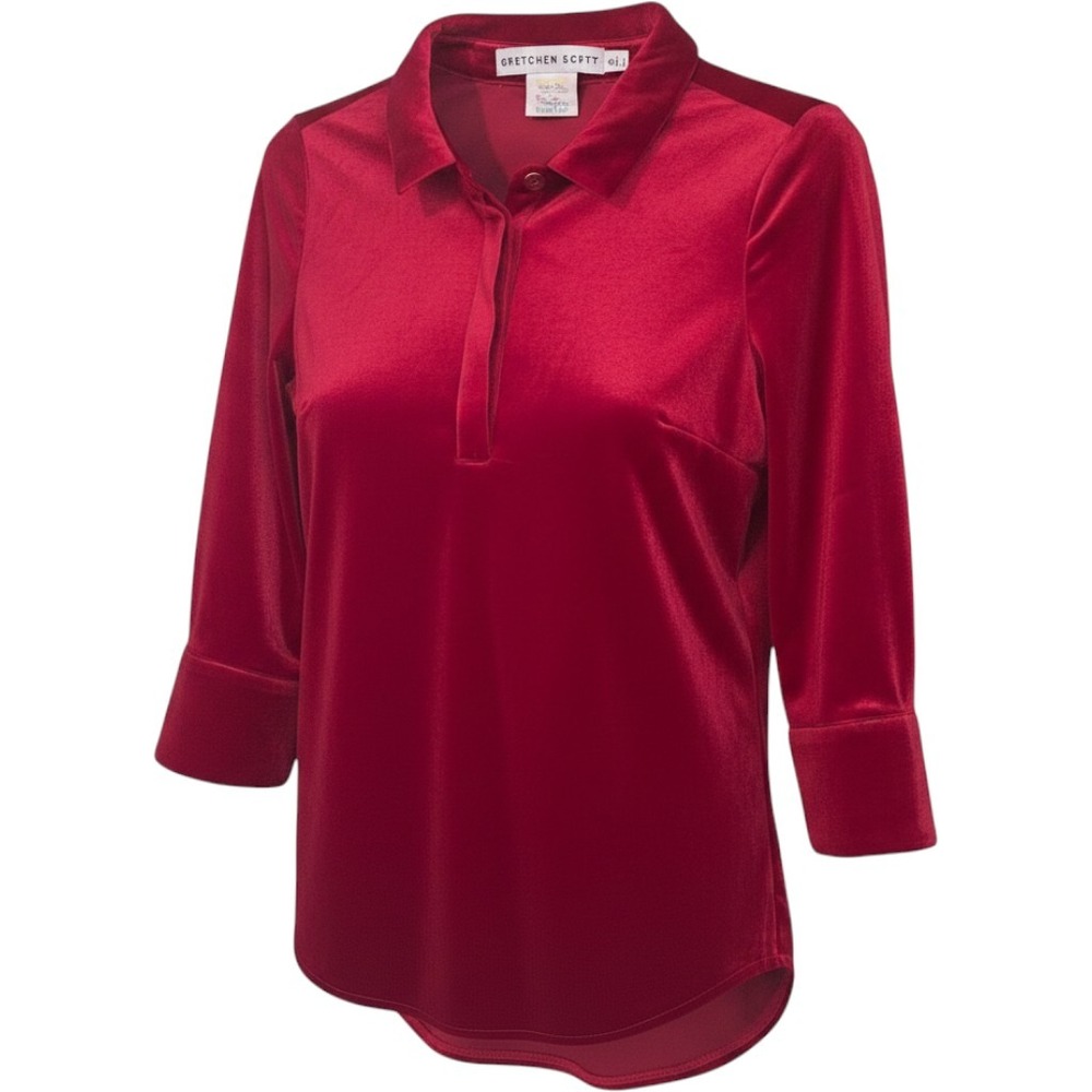 Gretchen Scott Red Stretch Velvet Top 3/4 Sleeve Size S Glam Holiday Classic‎